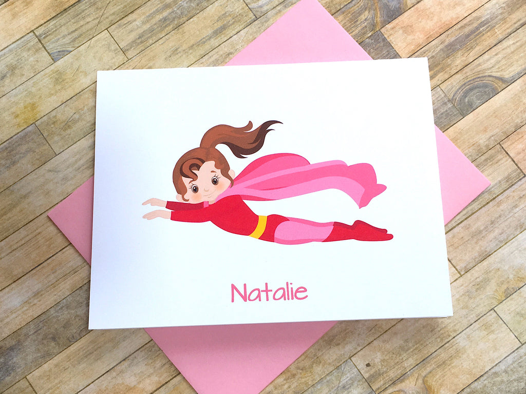 Brunette Super Girl Note Cards - Personalize Hair Color