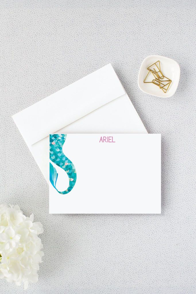 blue and green mermaid tail note cards