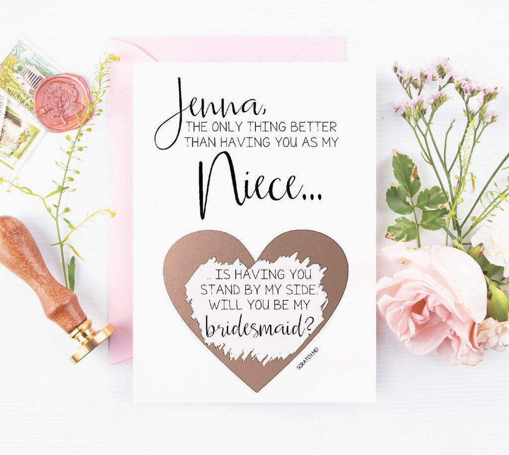 Custom wedding cards personalized bridesmaid rose gold scratch off for niece
