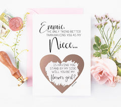 Customized scratch off proposal card heart in rose gold. "The only thing better than having you as my niece..."