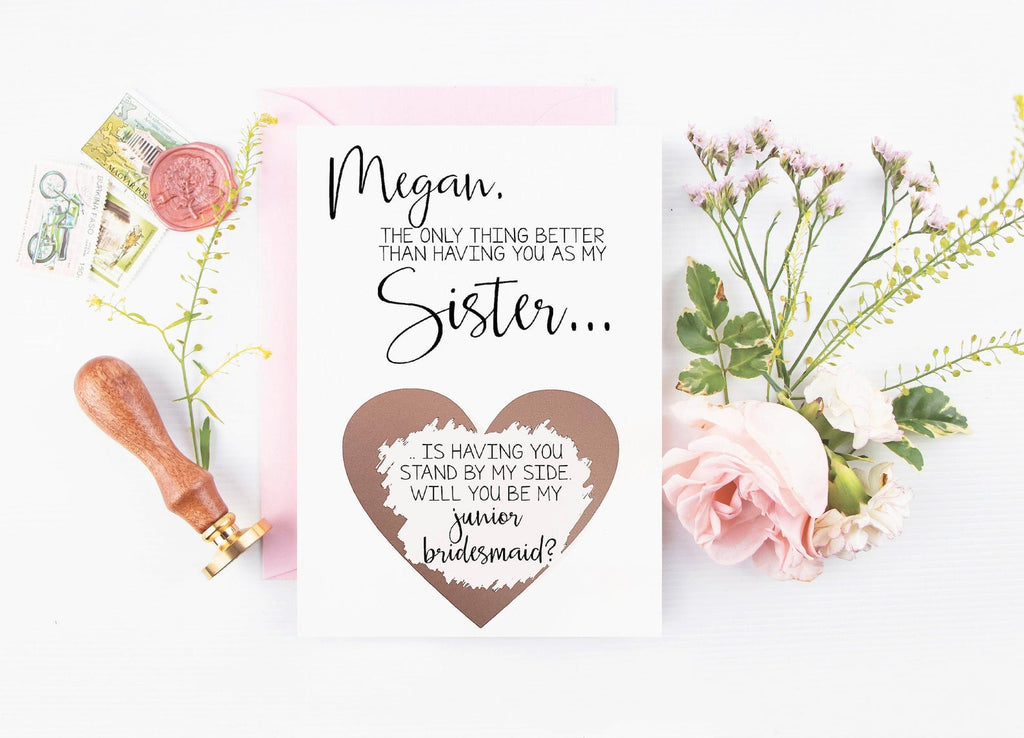 Personalized sister junior bridesmaid scratch off rose gold heart