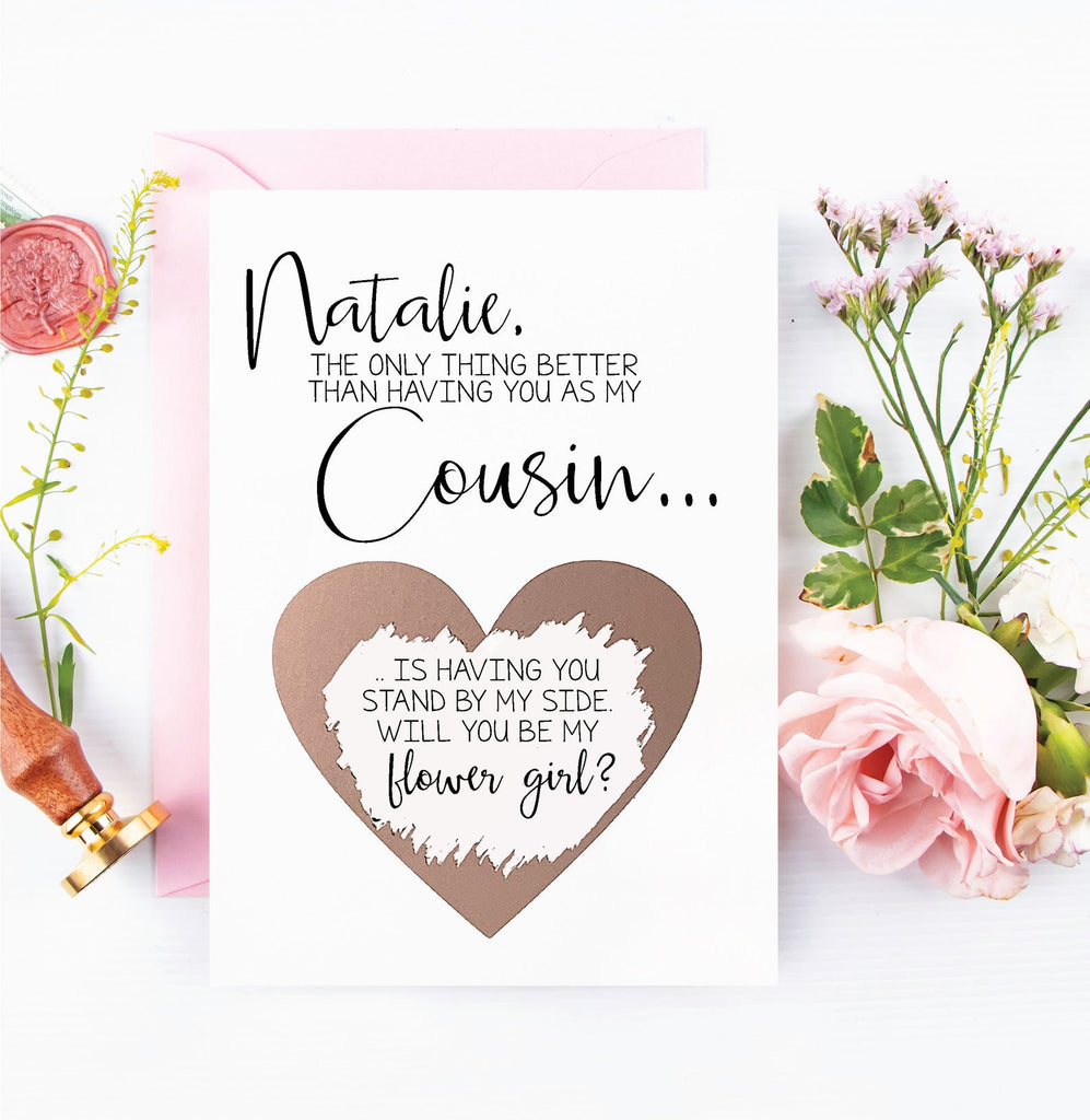 Flower girl heart scratch off rose gold custom wedding card
