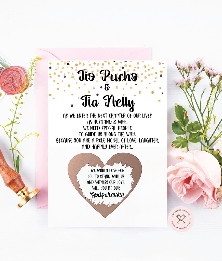 Custom Tia/Tio spanish godparents asking card rose gold scratch off on wedding day