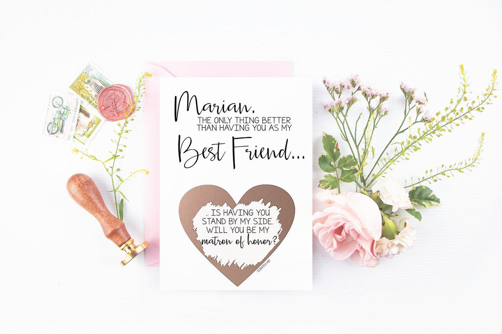 Heart scratch off custom wedding proposal card for best friend