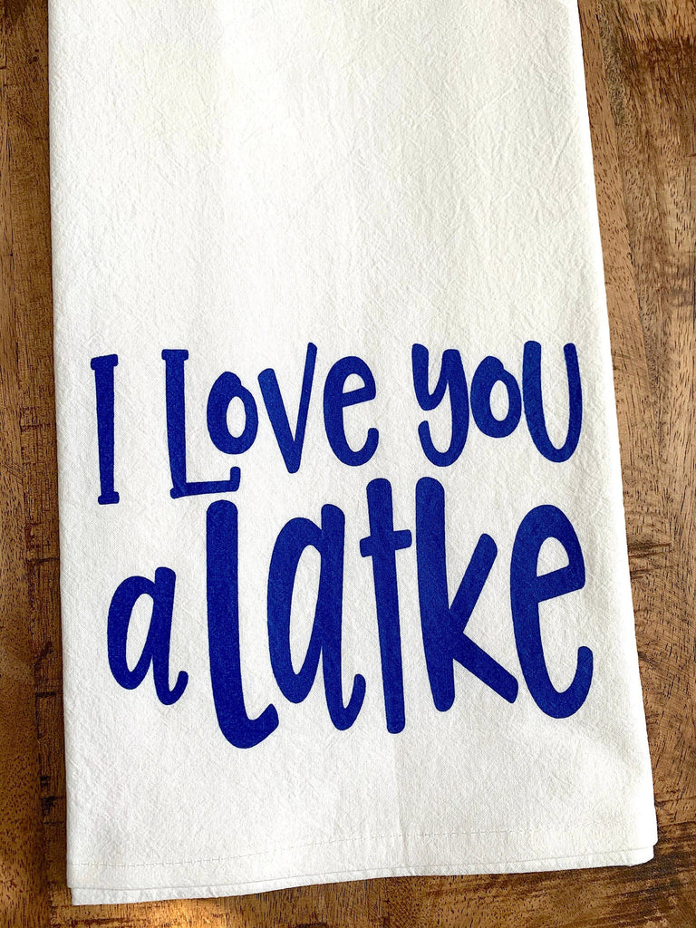 I love you a latke! Funny kitchen tea towel perfect for jewish housewarming, wedding, or shower gift