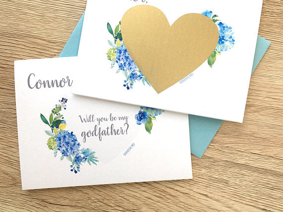 Blue Flower Personalized Godfather Scratch Off Proposal Card