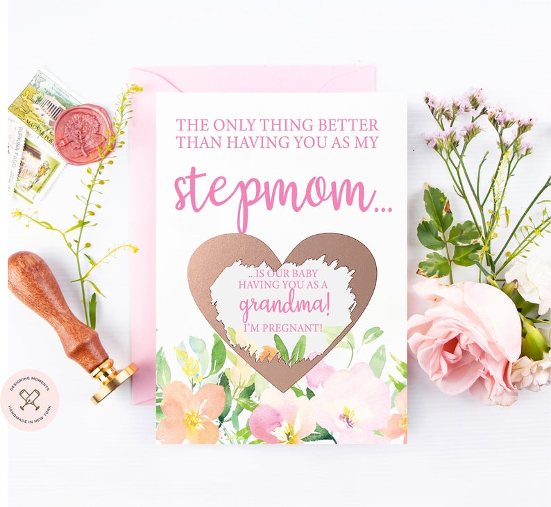 Premium pink card with pastel watercolor florals stepmom
