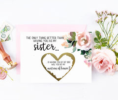 Matron of honor sister asking card gold scratch off