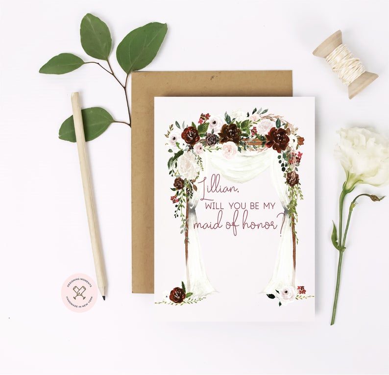 Will you be my maid of honor? Premium cards with dramatic burgundy maroon florals
