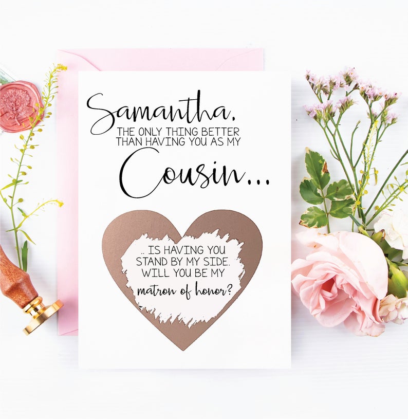 Cousin Will you be my Bridesmaid Proposal Rose Gold Scratch Off