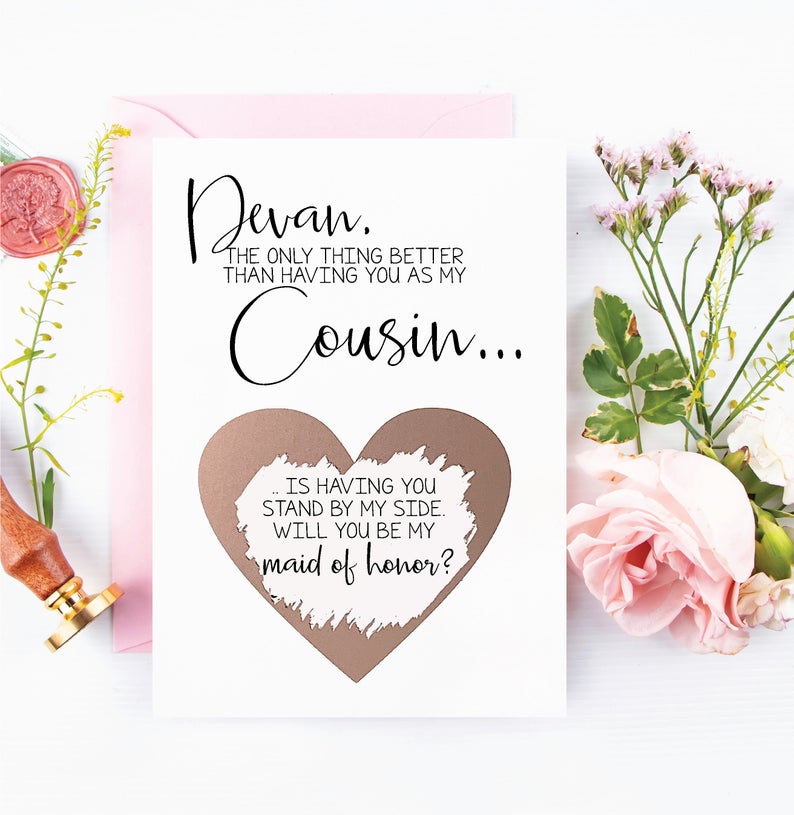 Cousin Will you be my Bridesmaid Proposal Rose Gold Scratch Off