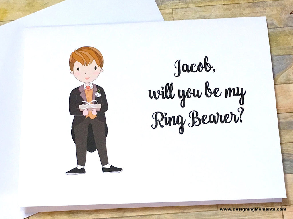 Ring Bearer in Black Tux Personalized Proposal Card
