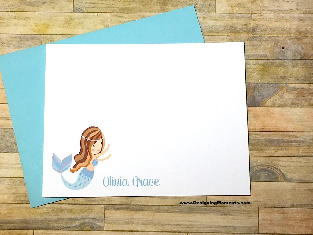 Blue Mermaid Personalized Flat Cards for Girls
