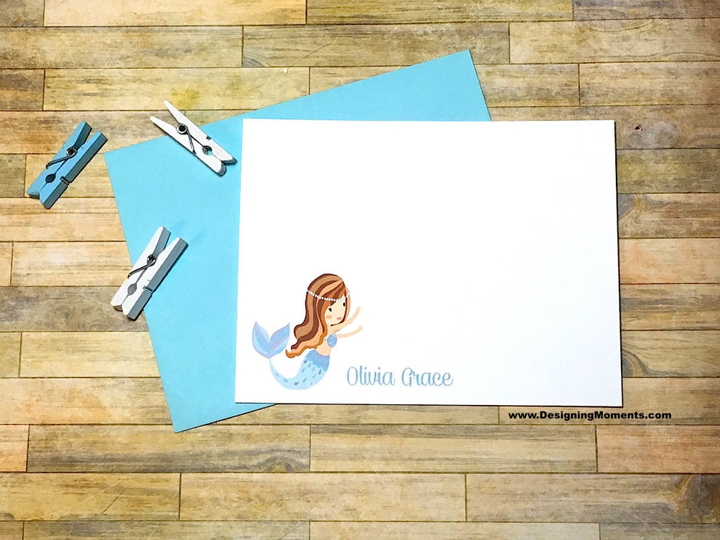 Blue Mermaid Personalized Flat Cards for Girls