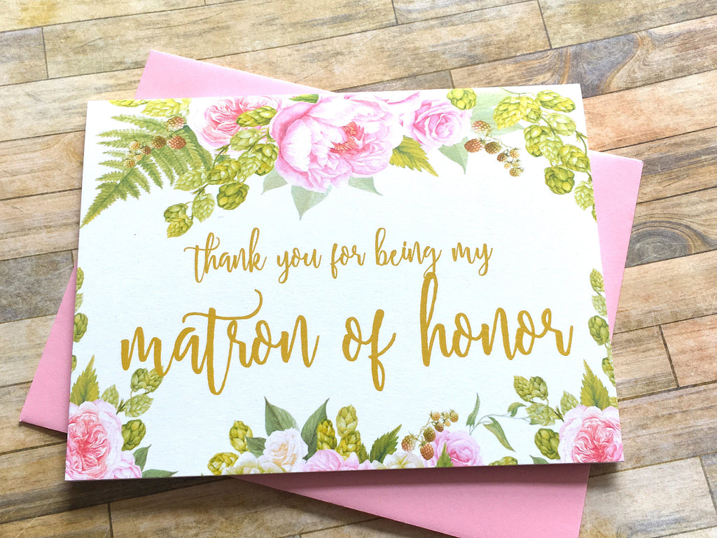 Gold and Pink Matron of Honor Thank You Card