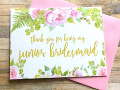 Gold and Pink Thank You for Being My Junior Bridesmaid Card