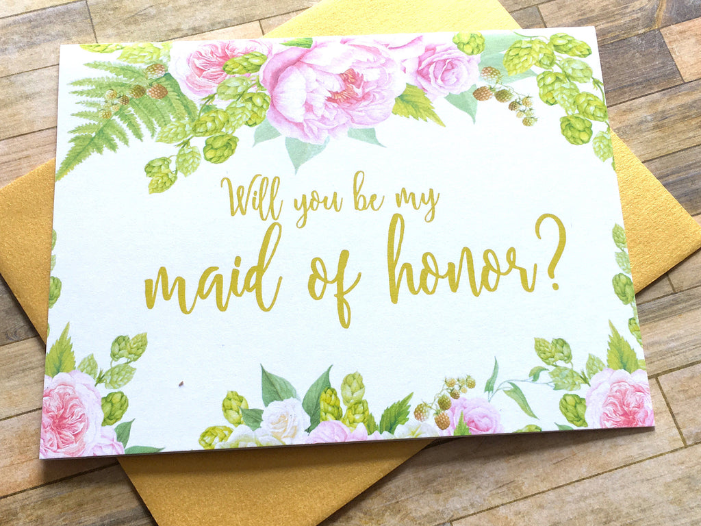 Gold and Pink Will You Be My Maid of Honor Proposal Card