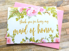Gold and Pink Thank You for Being My Maid of Honor Card