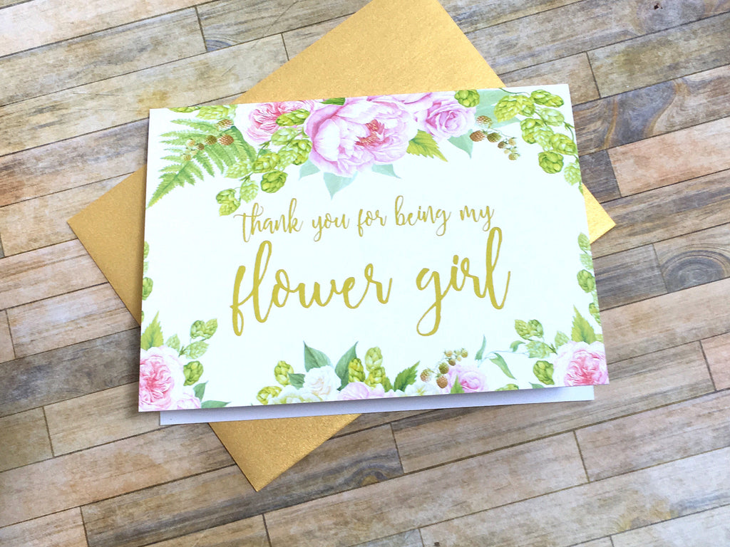 Gold and Pink Thank You for Being My Flower Girl Card