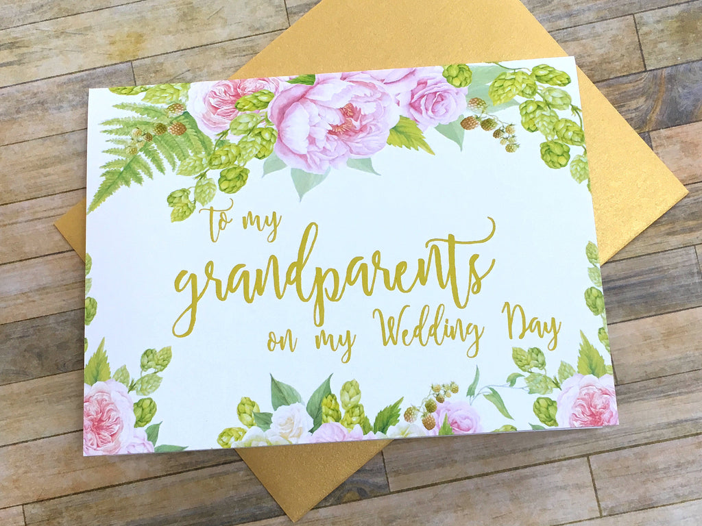 To My Grandparents on My Wedding Day Card Gold and Pink
