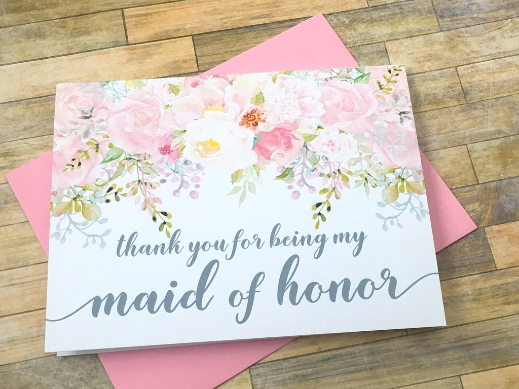 Pink and Grey Thank You for Being My Maid of Honor Card
