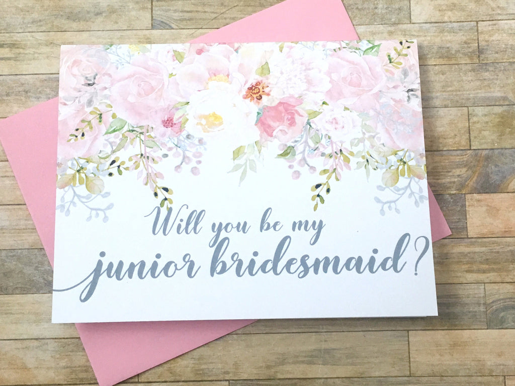 Pink and Grey Will You Be My Junior Bridesmaid Proposal Card