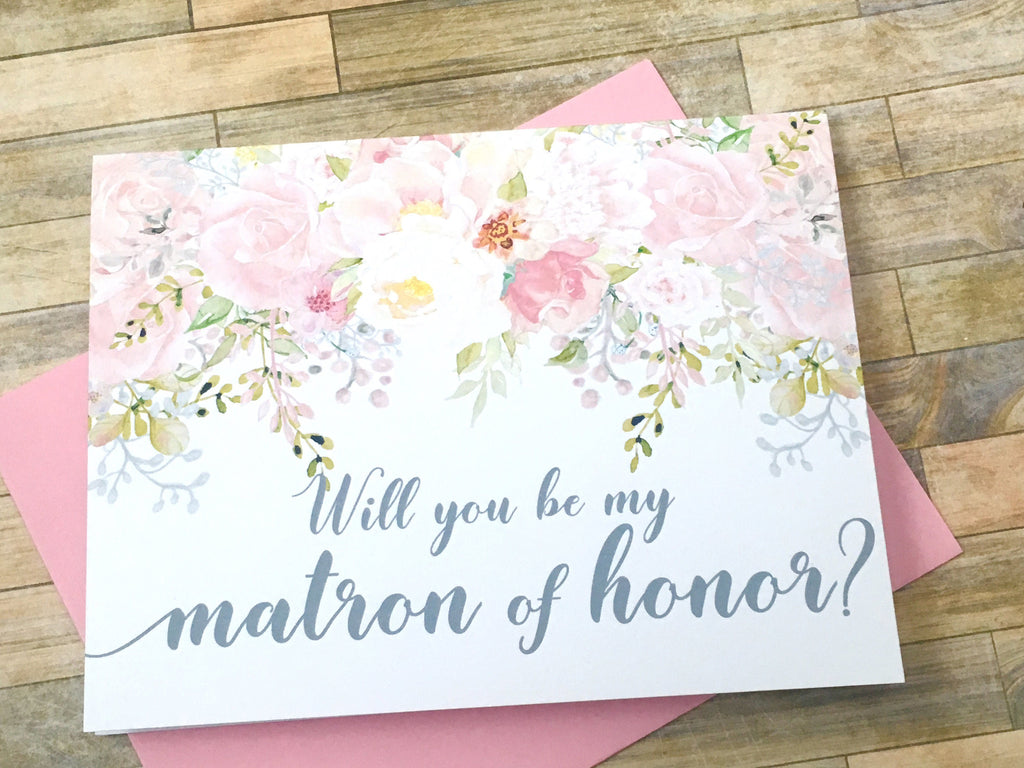 Grey and Pink Matron of Honor Proposal Card