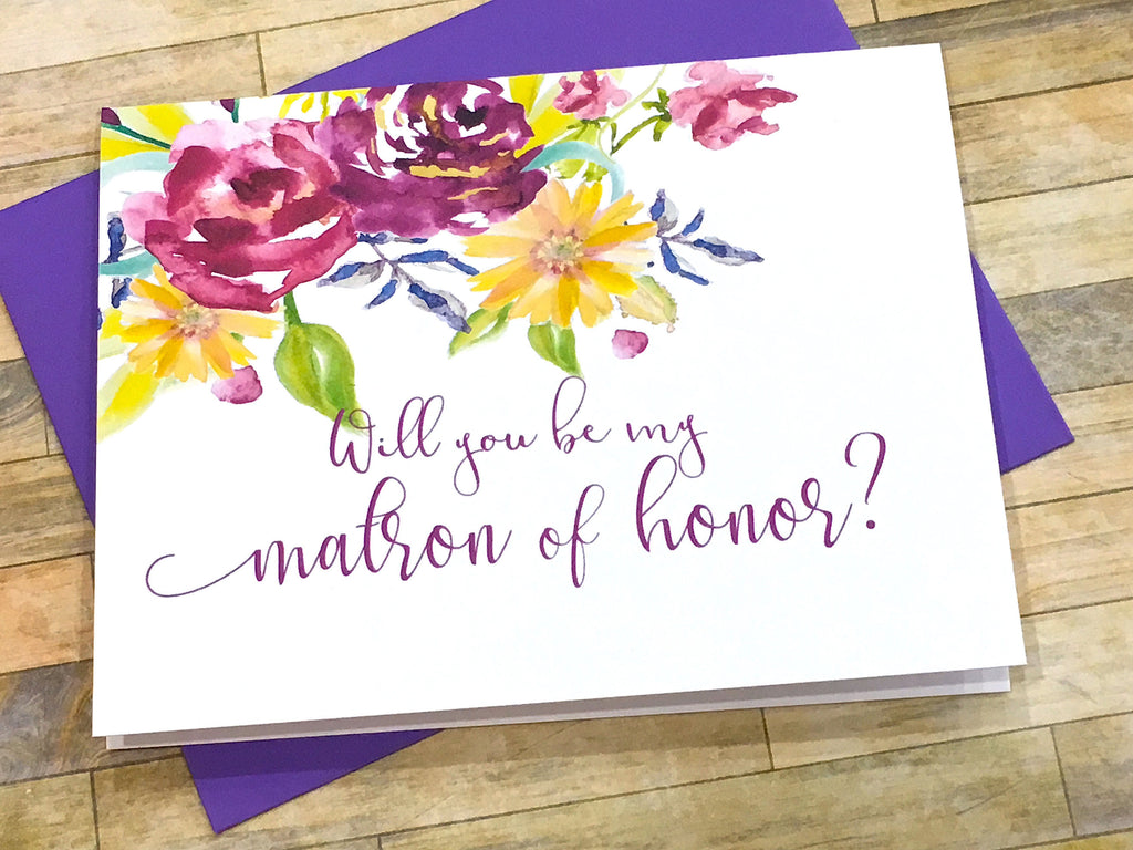 Purple Flowers Maid of Honor Proposal Card