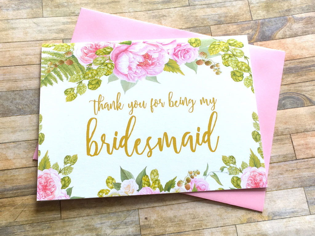 Gold and Pink Thank You for Being My Bridesmaid Card