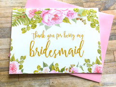 Gold and Pink Thank You for Being My Bridesmaid Card
