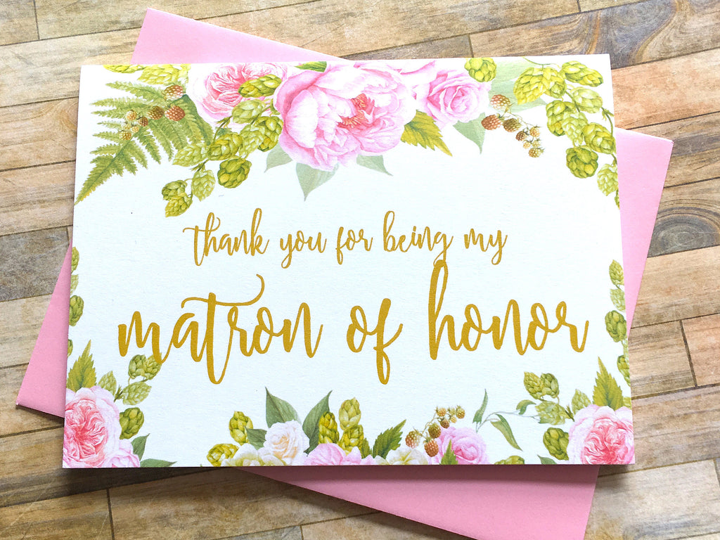Gold and Pink Matron of Honor Thank You Card