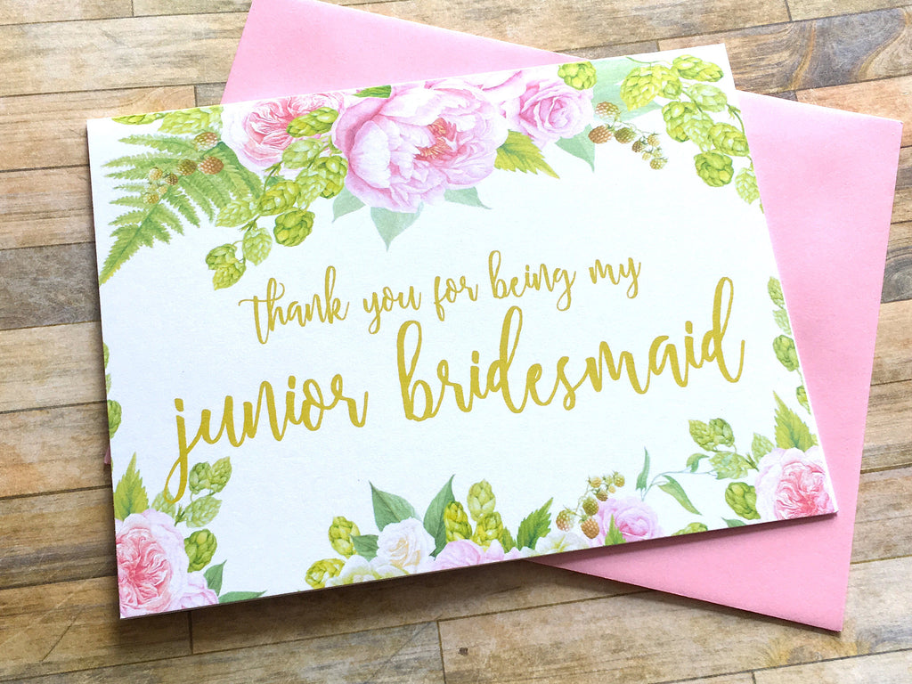 Gold and Pink Thank You for Being My Junior Bridesmaid Card