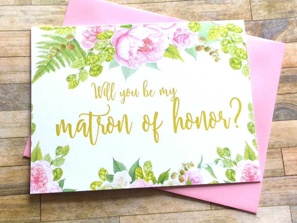 Matron of Honor Proposal Card Gold and Pink