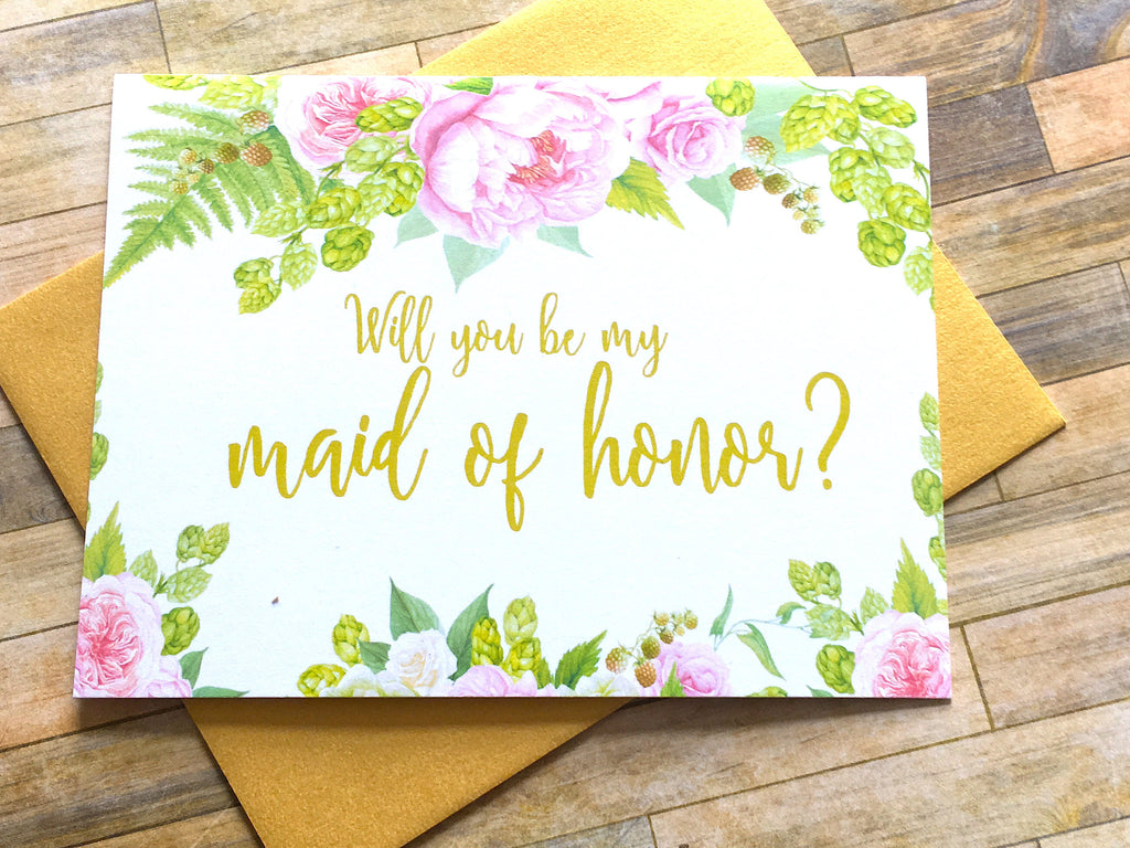 Gold and Pink Will You Be My Maid of Honor Proposal Card
