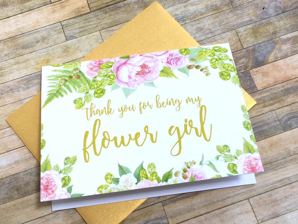 Gold and Pink Thank You for Being My Flower Girl Card