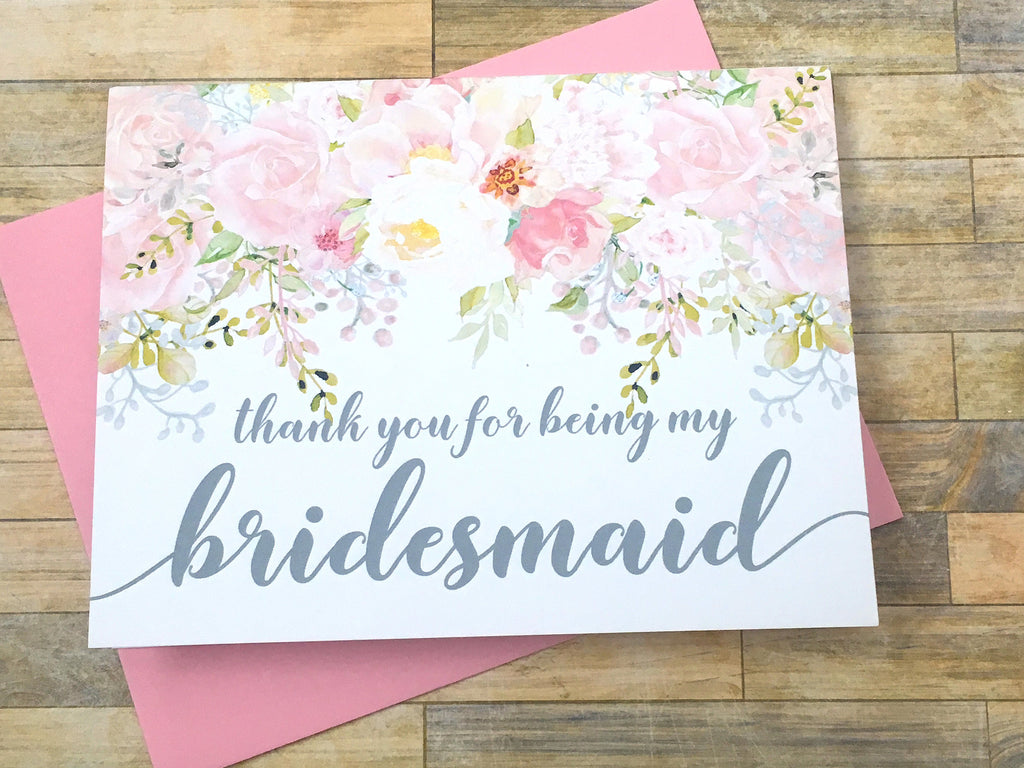 Pink and Grey Thank You For Being My Bridesmaid Card