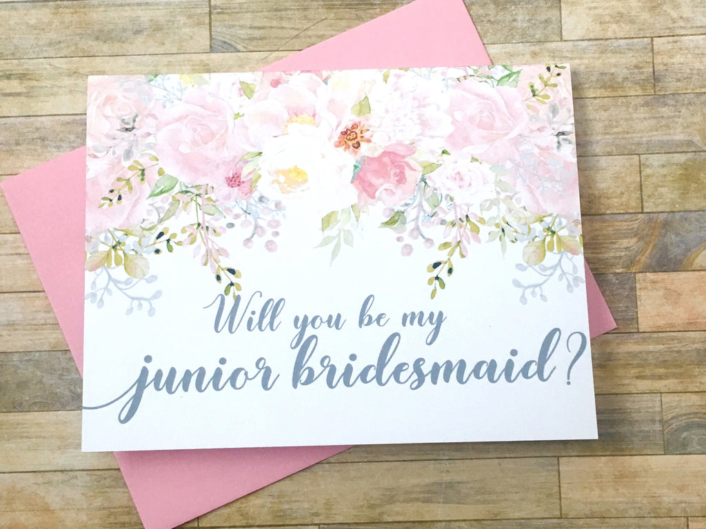 Pink and Grey Will You Be My Junior Bridesmaid Proposal Card