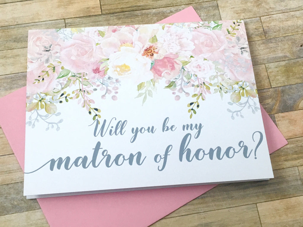 Grey and Pink Matron of Honor Proposal Card