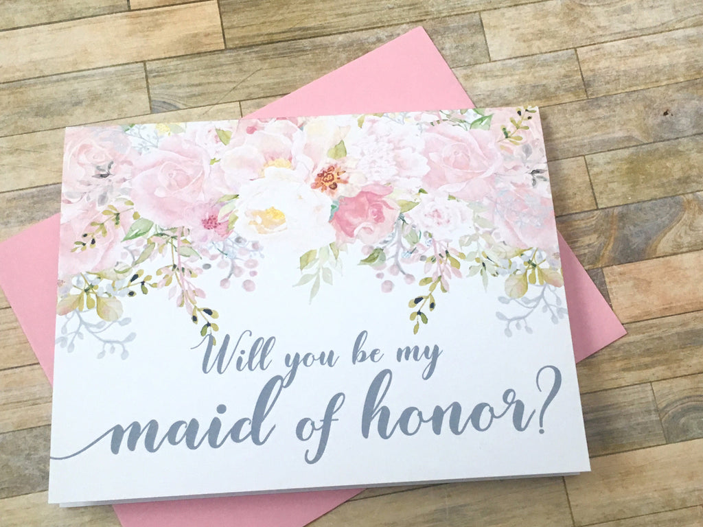 Grey and Pink Maid of Honor Proposal Card