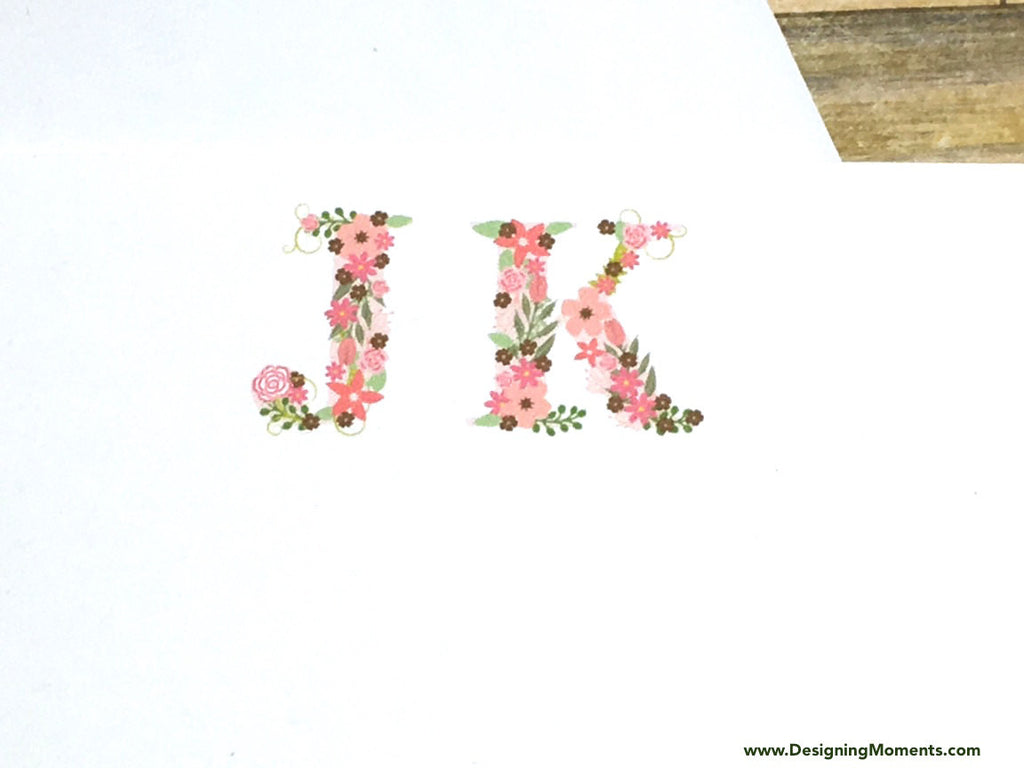 Pink Floral Monogram Personalized Flat Cards