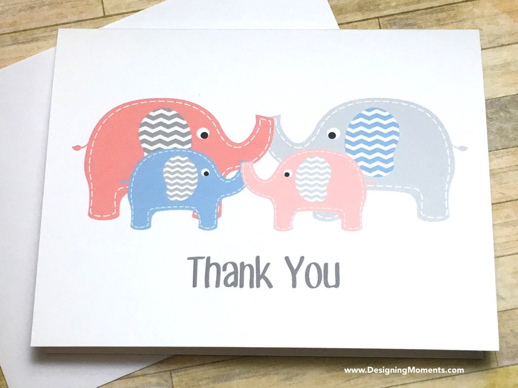 Twin Boy Girl Elephants Thank You Cards