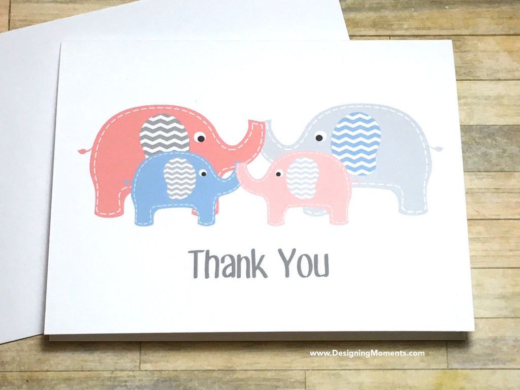 Twin Boy Girl Elephants Thank You Cards