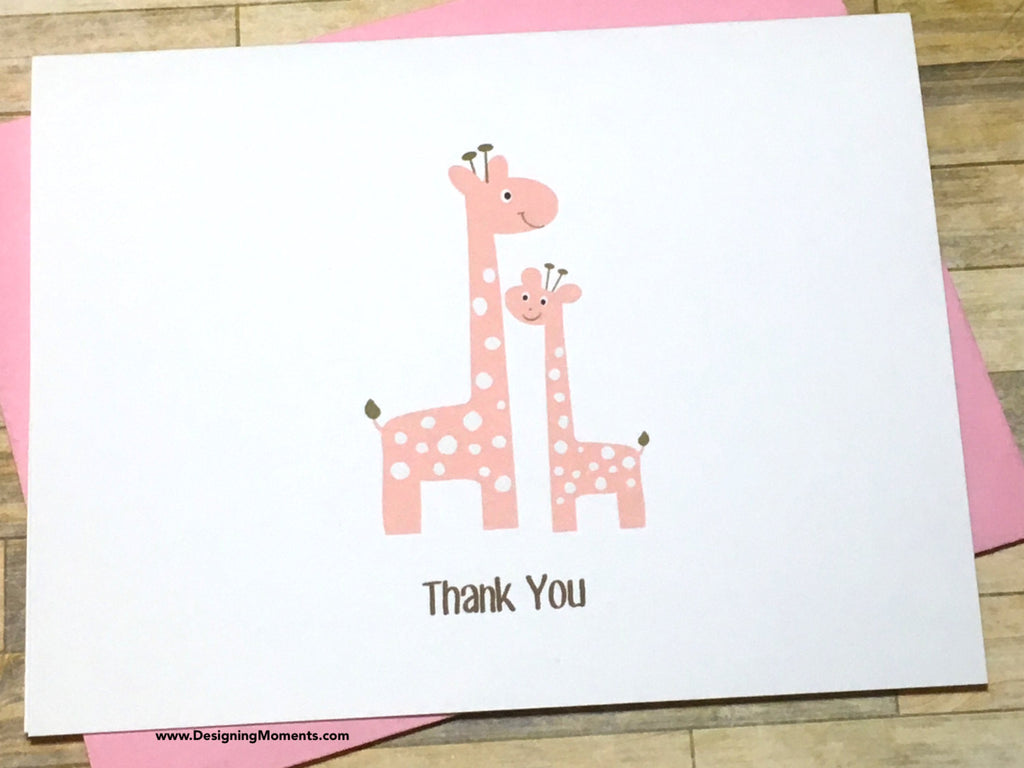 Pink Mommy and Me Giraffe Thank You Cards
