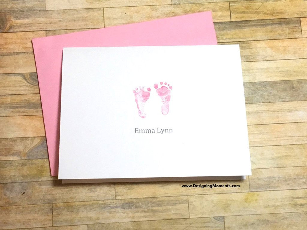 Pink Baby Footprints Personalized Note Cards