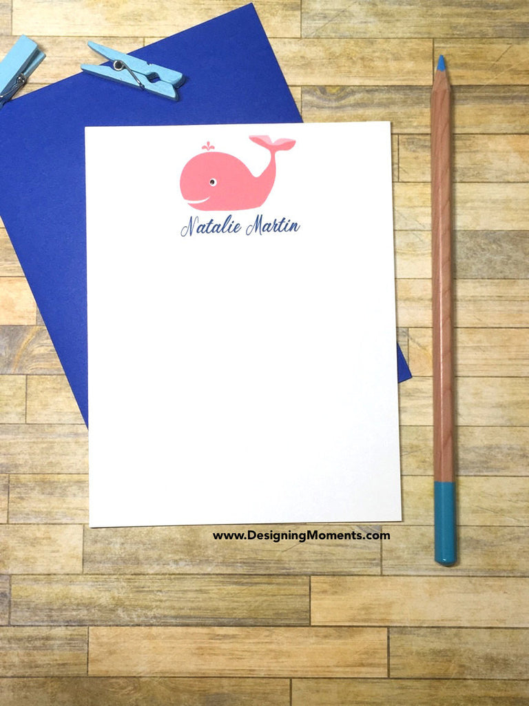 Pink Whale Personalized Note Cards
