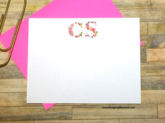 Pink Floral Monogram Personalized Flat Cards