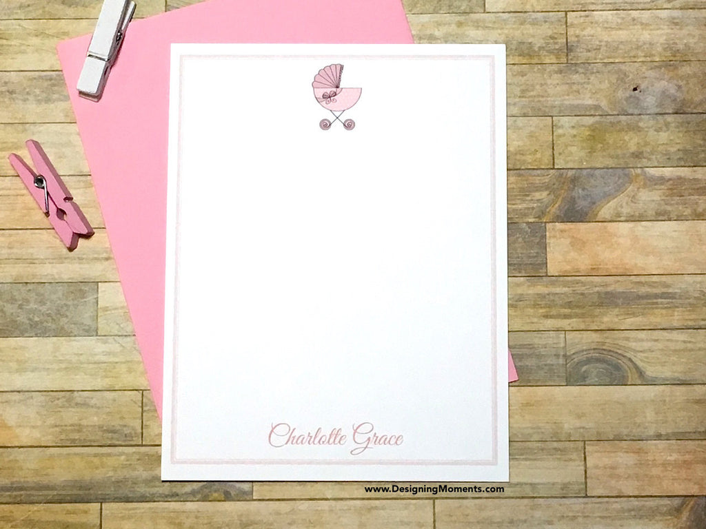 Baby Carriage Personalized Flat Cards Pink
