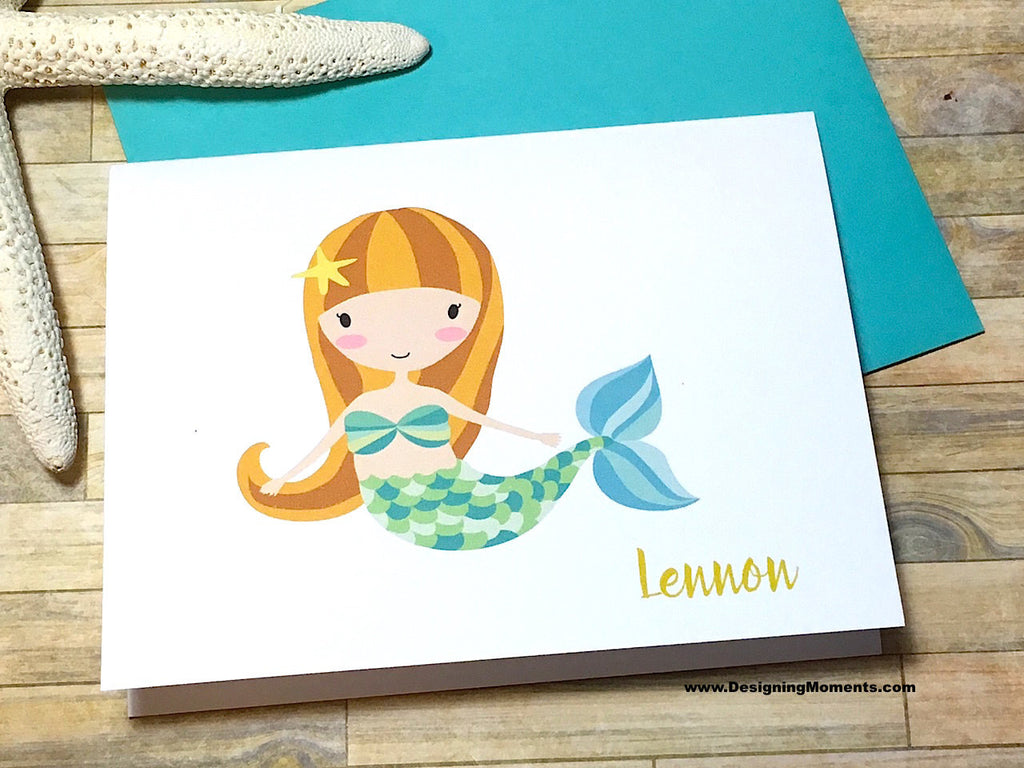 Green Mermaid Personalized Note Cards