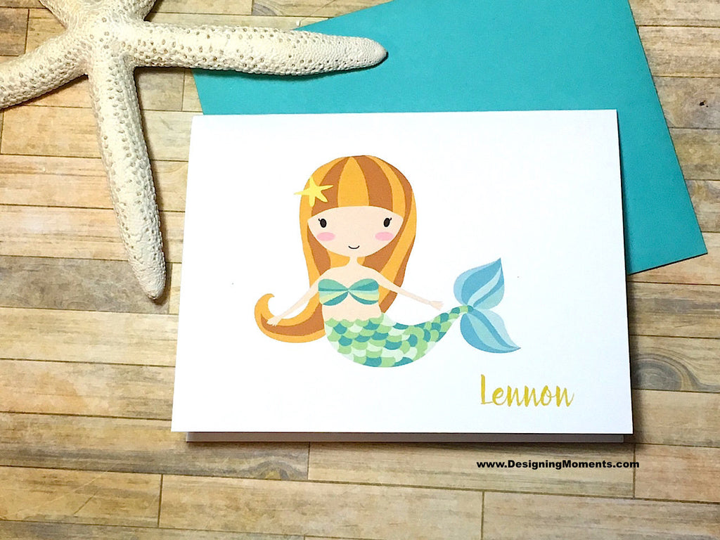Green Mermaid Personalized Note Cards