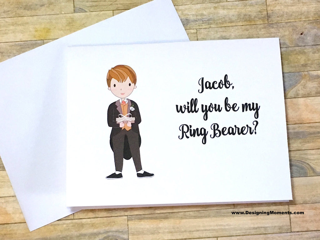 Ring Bearer in Black Tux Personalized Proposal Card